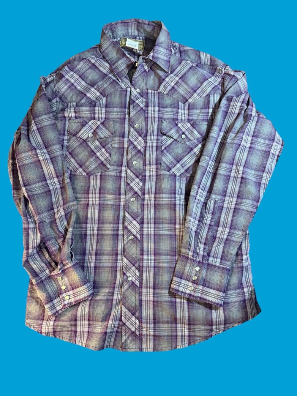 Wrangler Western Shirt Men's Large Pearl Snap Purple Plaid Long Sleeve WM214GY